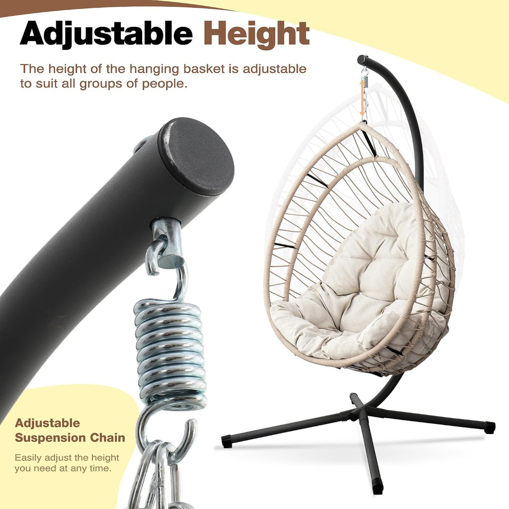 Hanging Egg Chair with Stand, Foldable Patio Hammock Egg Swing Chair Made by All-Weather Core-Spun Polyester Rope with Soft Cushion for Bedroom Garden Indoor Outdoor, 350Lbs Cap. (Grey)
