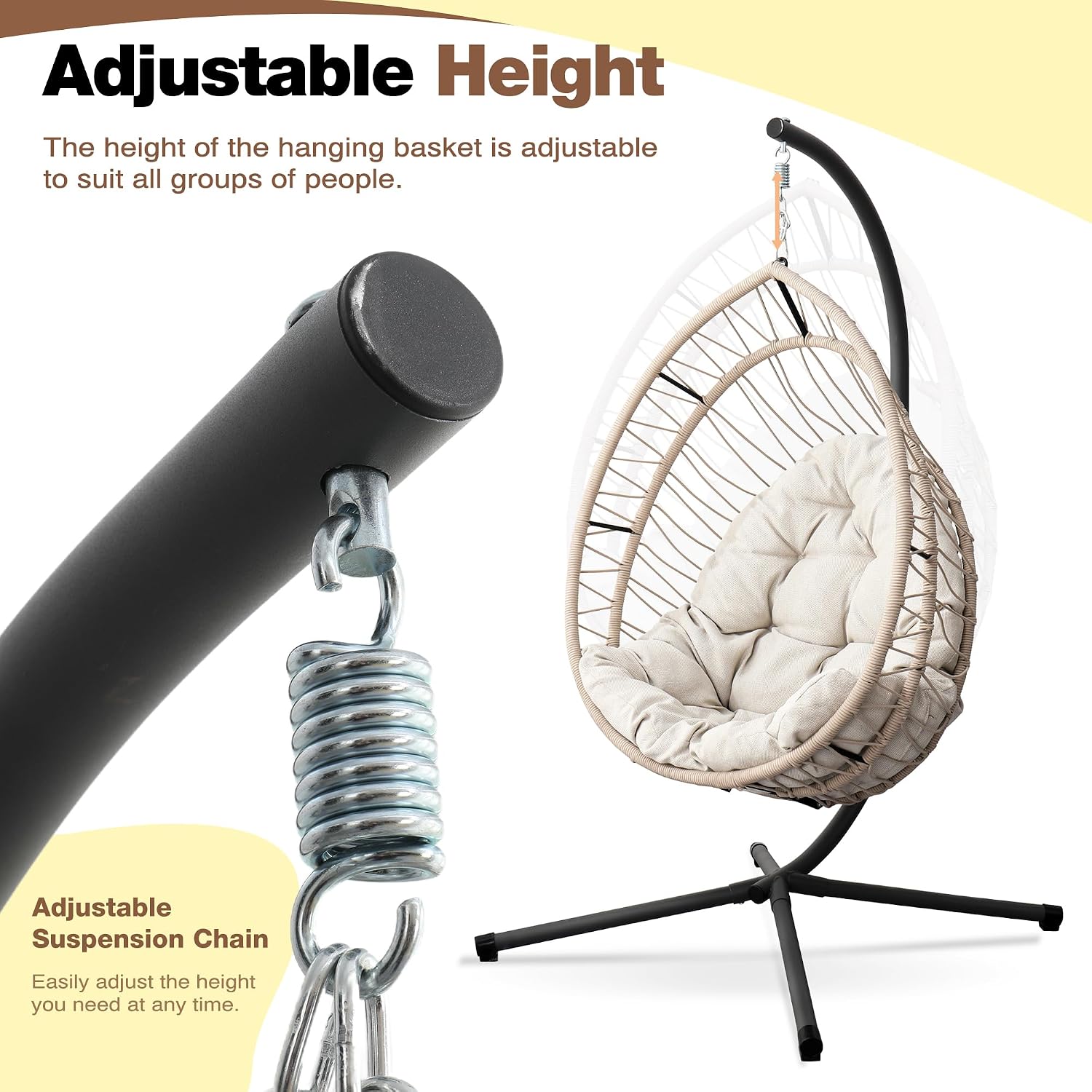 Hanging Egg Chair with Stand, Foldable Patio Hammock Egg Swing Chair Made by All-Weather Core-Spun Polyester Rope with Soft Cushion for Bedroom Garden Indoor Outdoor, 350Lbs Cap. (Grey)