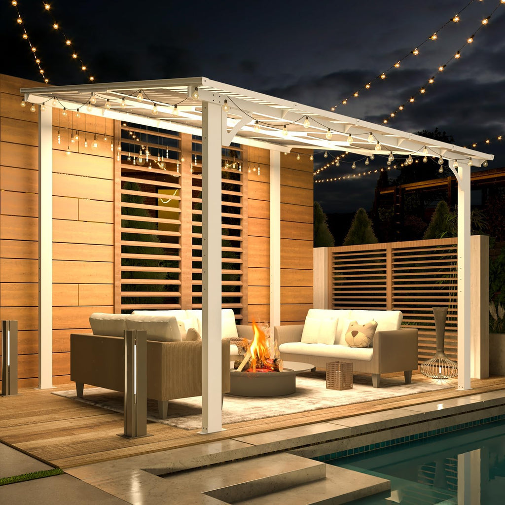 AECOJOY 10' x 8' Pergolas and Gazebos on Clearance in White, Large Wall Mounted Pergola, Outdoor Patio Lean to Gazebo Metal Awnings for Decks,Patio, Porch, Backyard and More