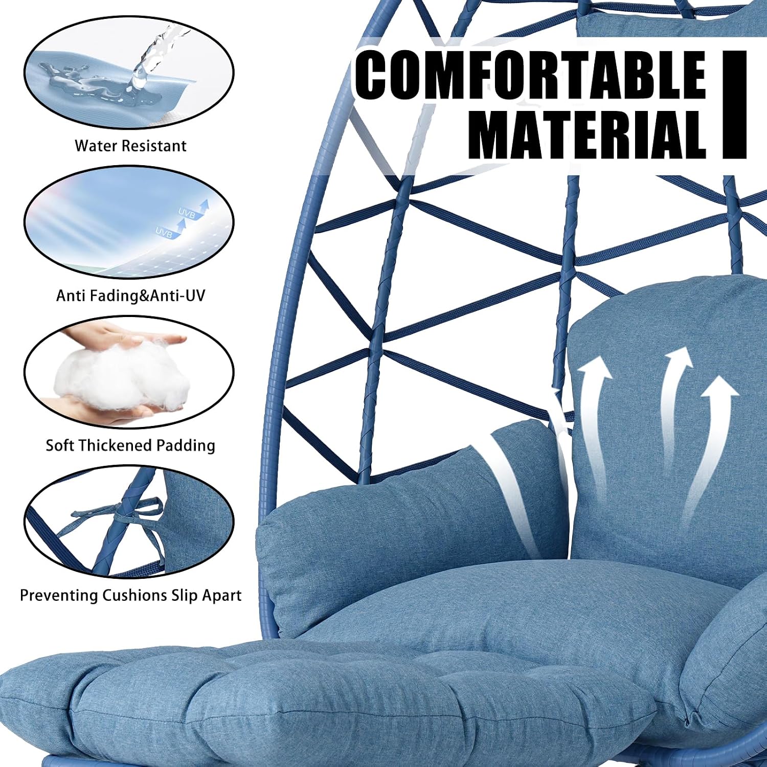 Hanging Egg Chair with Stand & Leg Rest,Rattan Wicker Swing Chair with Cushion,Patio Basket Hanging Chair Wicker Hammock Chair for Indoor Outdoor Bedroom Garden,300LBS (Blue Rattan&Blue Cushion)