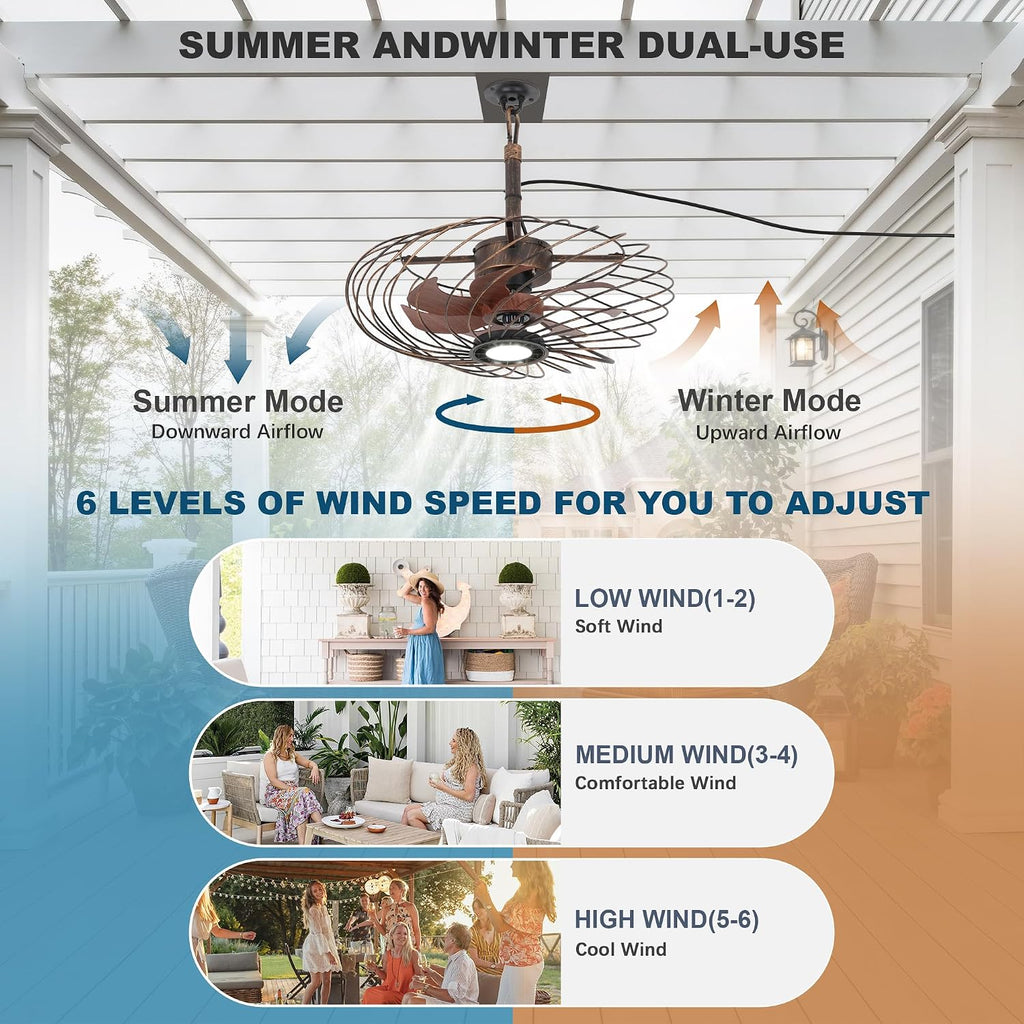20' Outdoor Ceiling Fan with Light, Waterproof Gazebo Fan Remote Control, Dimmable LED Light, Hanging Black Caged Ceiling Fixtures with Plug in Cord for Patios Pergola, Black Gold