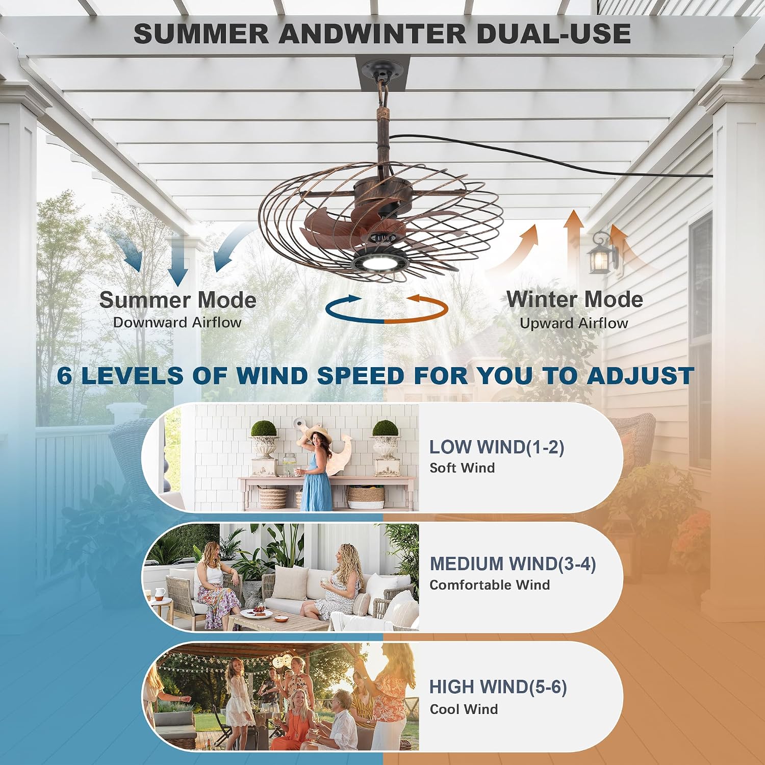 20' Outdoor Ceiling Fan with Light, Waterproof Gazebo Fan Remote Control, Dimmable LED Light, Hanging Black Caged Ceiling Fixtures with Plug in Cord for Patios Pergola, Black Gold