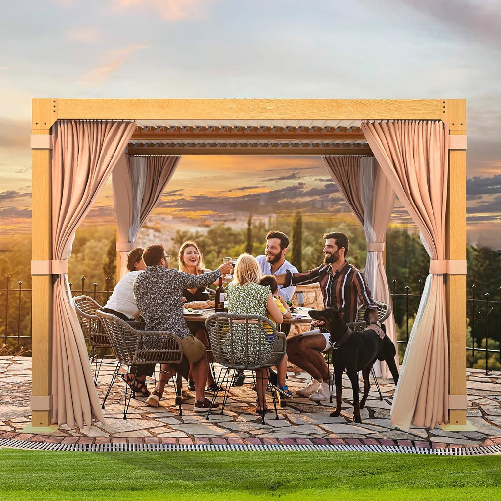 MELLCOM Louvered Pergola - 10x10 Aluminum Pergola with Adjustable Louvered Roof and Waterproof Curtains and Nets