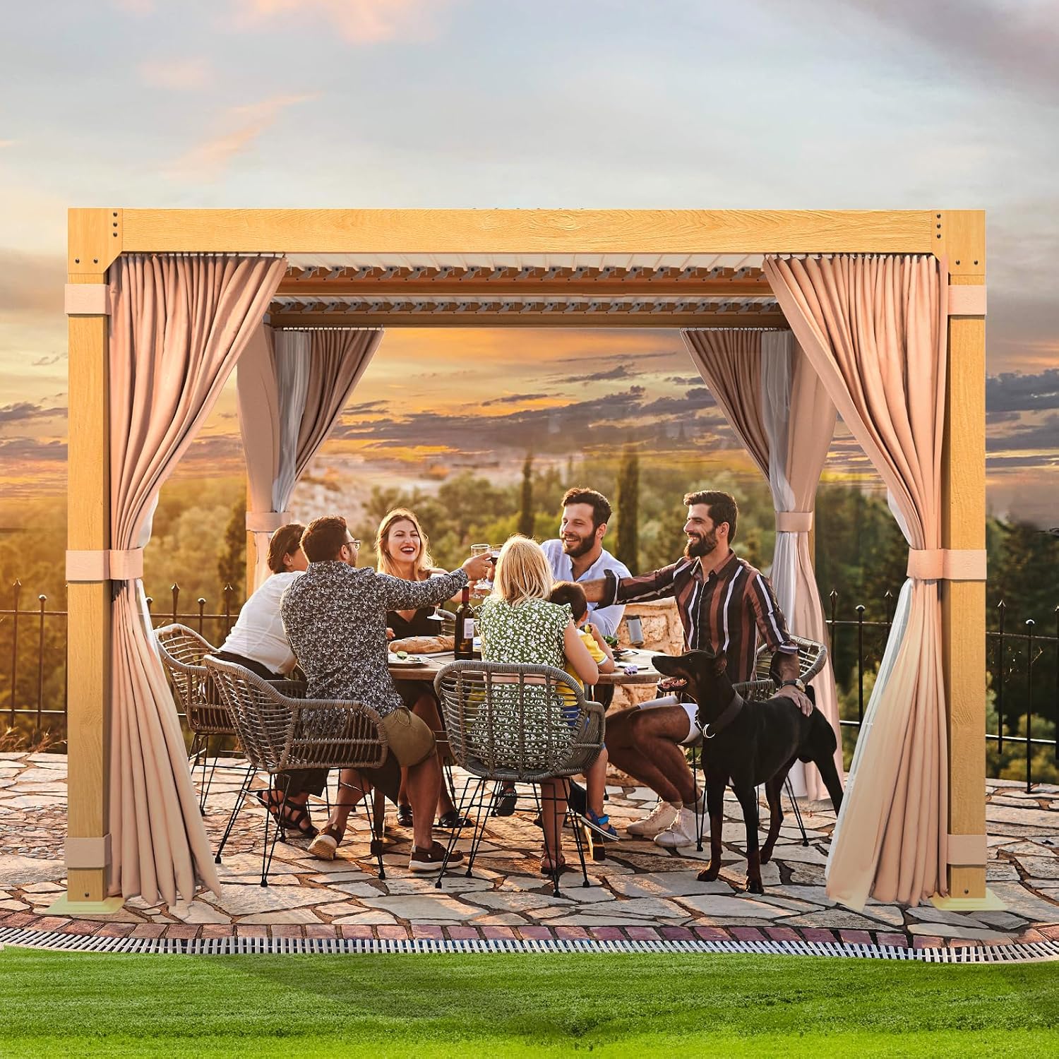 MELLCOM Louvered Pergola - 10x10 Aluminum Pergola with Adjustable Louvered Roof and Waterproof Curtains and Nets