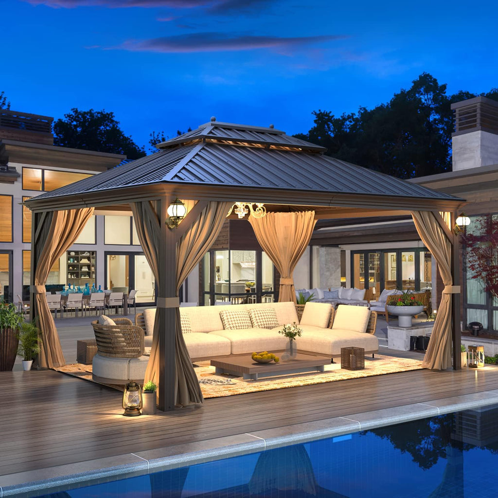 EROMMY 12' X 14' gazebos on Clearance, Hardtop Gazebo Aluminum Gazebos with Galvanized Steel Double Roof for Patio Lawn and Garden, Curtains and Netting Included, Dark Bronze