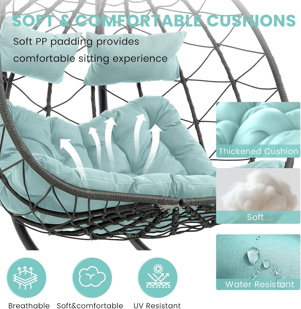 Hanging Double Egg Chair with Stand, 2 Person Comfy Patio Rattan Wicker Swing Hammock Chairs with Cushion, 700 LBS Capacity Egg Swing Chair for Indoor, Outdoor, Backyard, Balcony, Bedroom, Porch