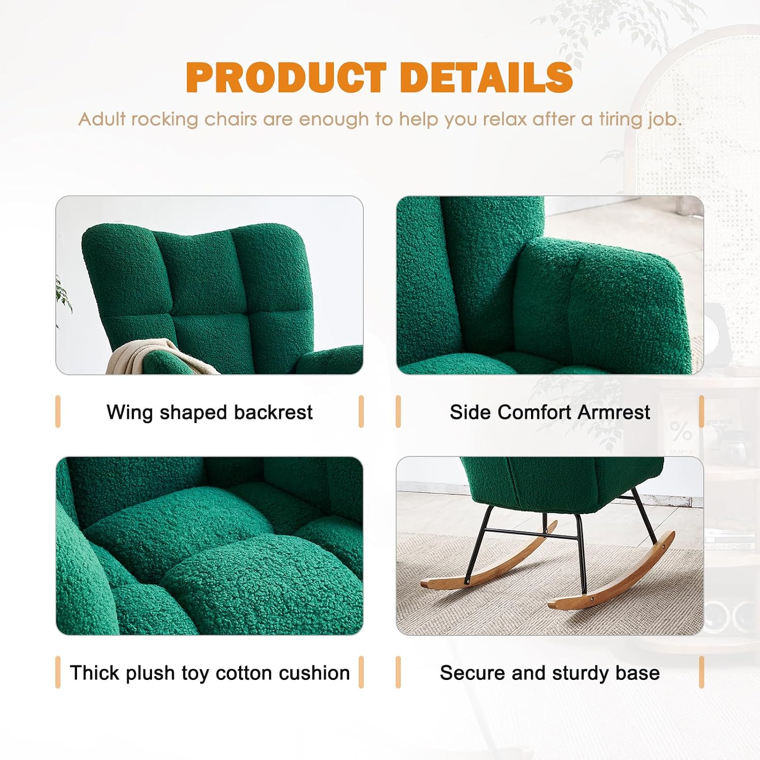 Rocking Chair Nursery, High Backrest Teddy Glider Rocker Upholstered Rocker Recliner Modern Rocking Accent Chairs for Bedroom, Living Room, Offices (Green)