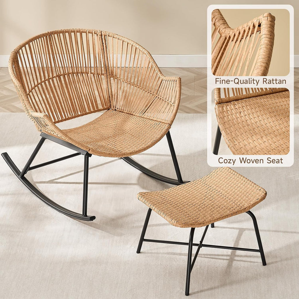 ONBRILL Papasan Rocking Chair with Ottoman,Oversized Papasan Chair with Padded Cushion, Indoor & Outdoor Rocker Chair for Living Room, Patio, Garden, Cream White
