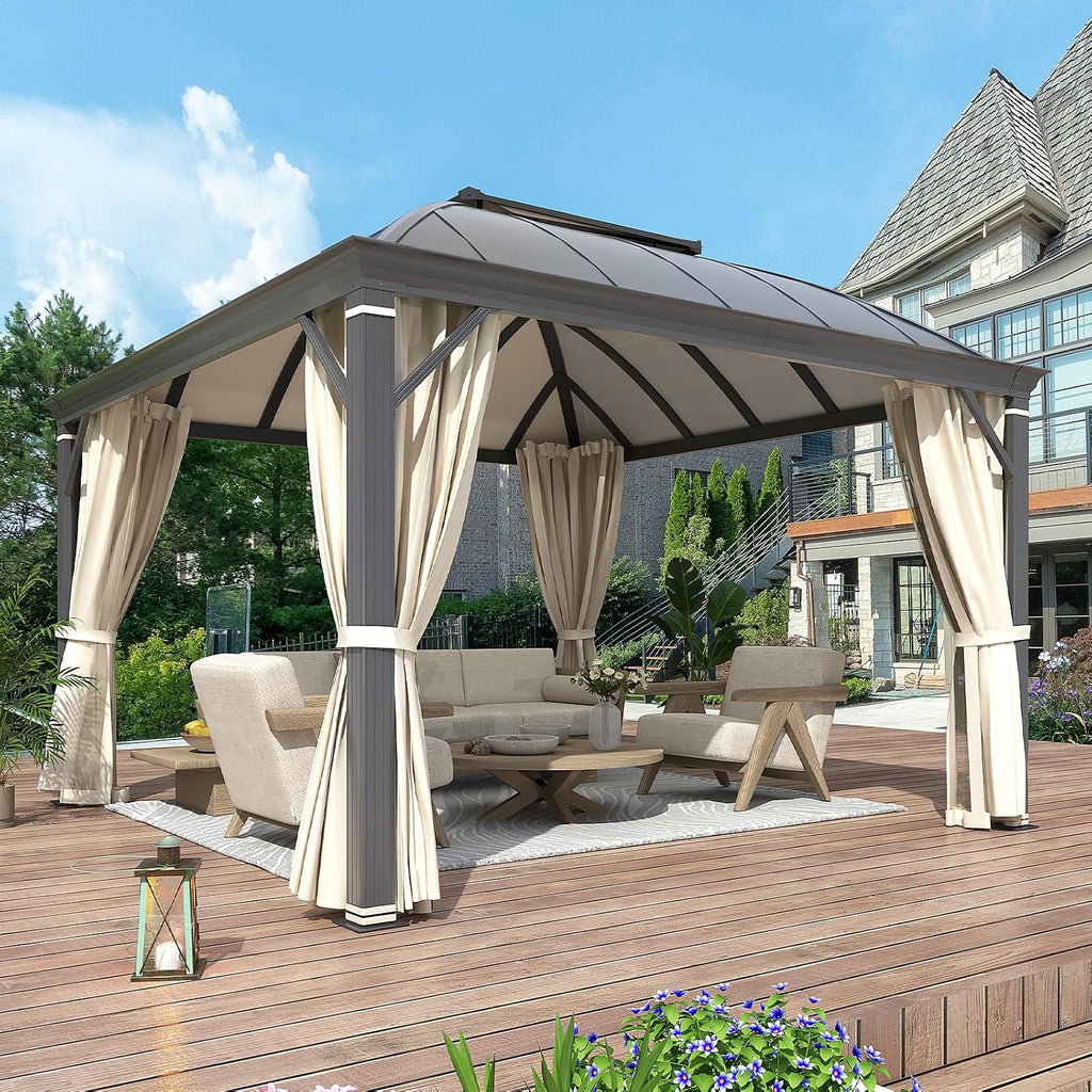 YOLENY 12'x12' Hardtop Gazebo, Permanent Outdoor Aluminum Patio Gazebo with Aluminum Composite Double Arc Roof for Patio Lawn and Garden, Curtains and Netting Included