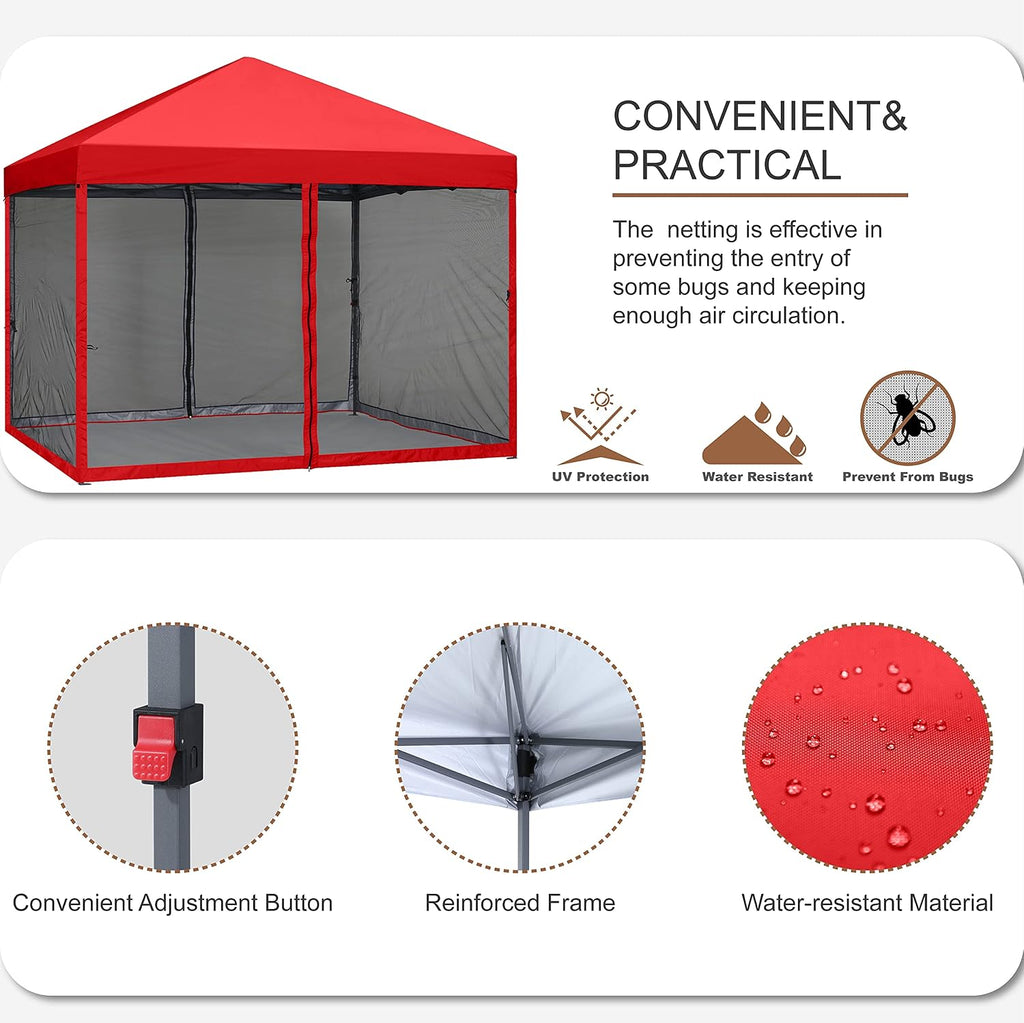 MASTERCANOPY Pop-Up Easy Setup Outdoor Canopy with Netting Screen Walls (8x8, Red)