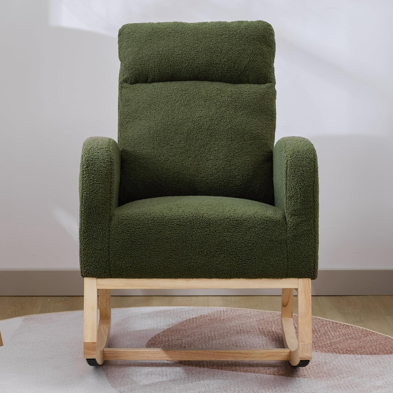 Nursery Rocking Chair with Solid Wood Legs, Glider Chair for Nursery with Side Pocket, Rocker Armchair for Living Room Bedroom (Dark Green, Teddy Fabric)