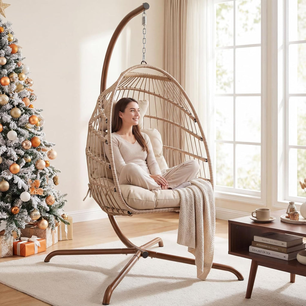 NICESOUL Egg Chair with Stand Indoor Outdoor, All-Weather Hanging Hammock Chairs with Cushion, 350Lbs Durable Wicker Egg Shell Swing Chair for Bedroom, Living Room, Balcony or Porch, Cream with Cover