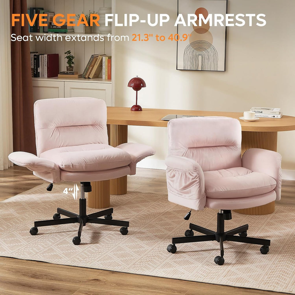 Bestier Criss Cross Chair with Flip-Up Armrests, Swivel Makeup Vanity Chair with Wheels & Side Pockets, Cross Legged Office Chair for Home Office, Bedroom, Pink Velvet