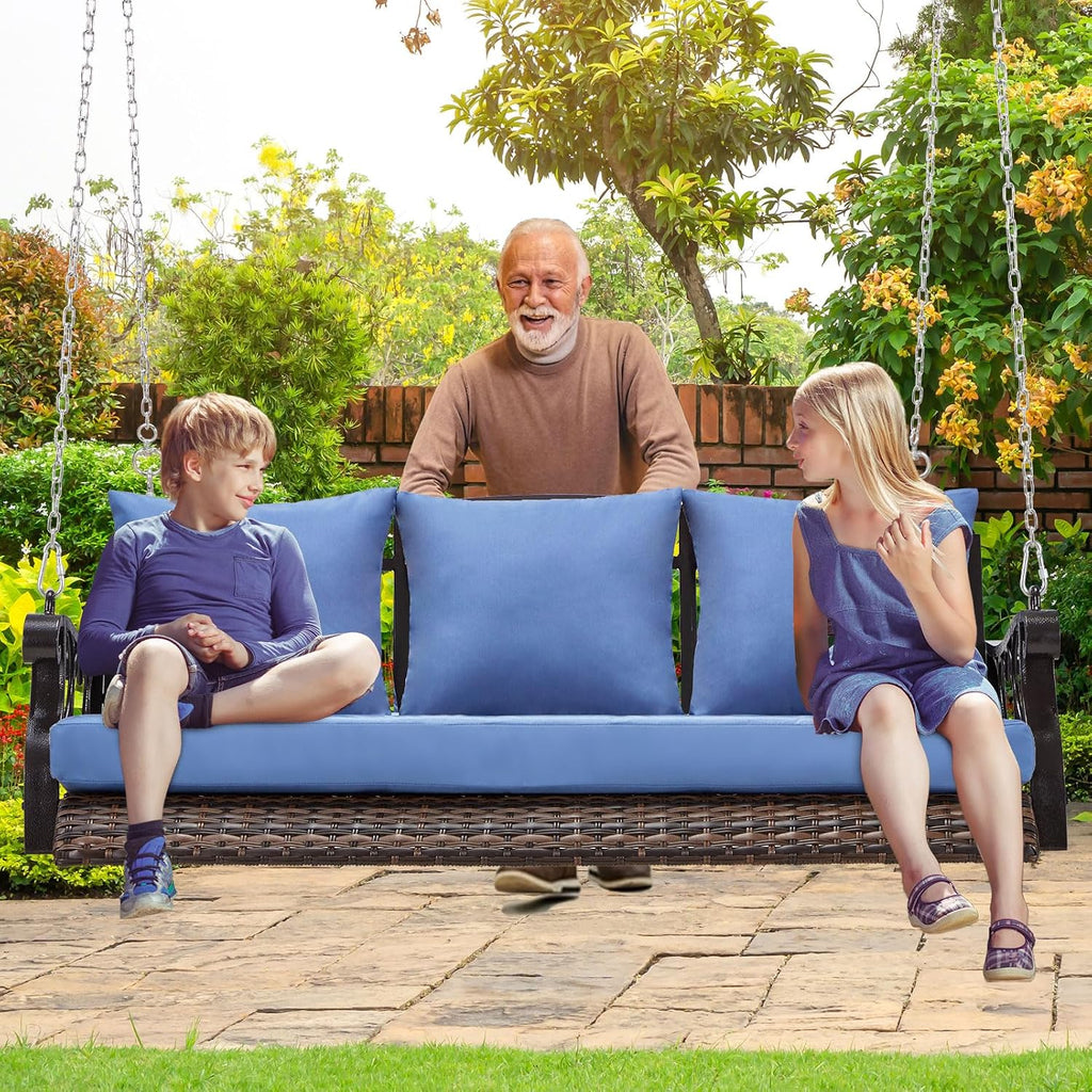 ZZW Heavy Duty 900 LBS Porch Swing Chair 3-Person Outdoor Rattan Patio Swing Lounge w/Cup-Holder & Steel Chains Wicker Hanging Bench Porch Swing Cushions for Deck & Backyard & Garden