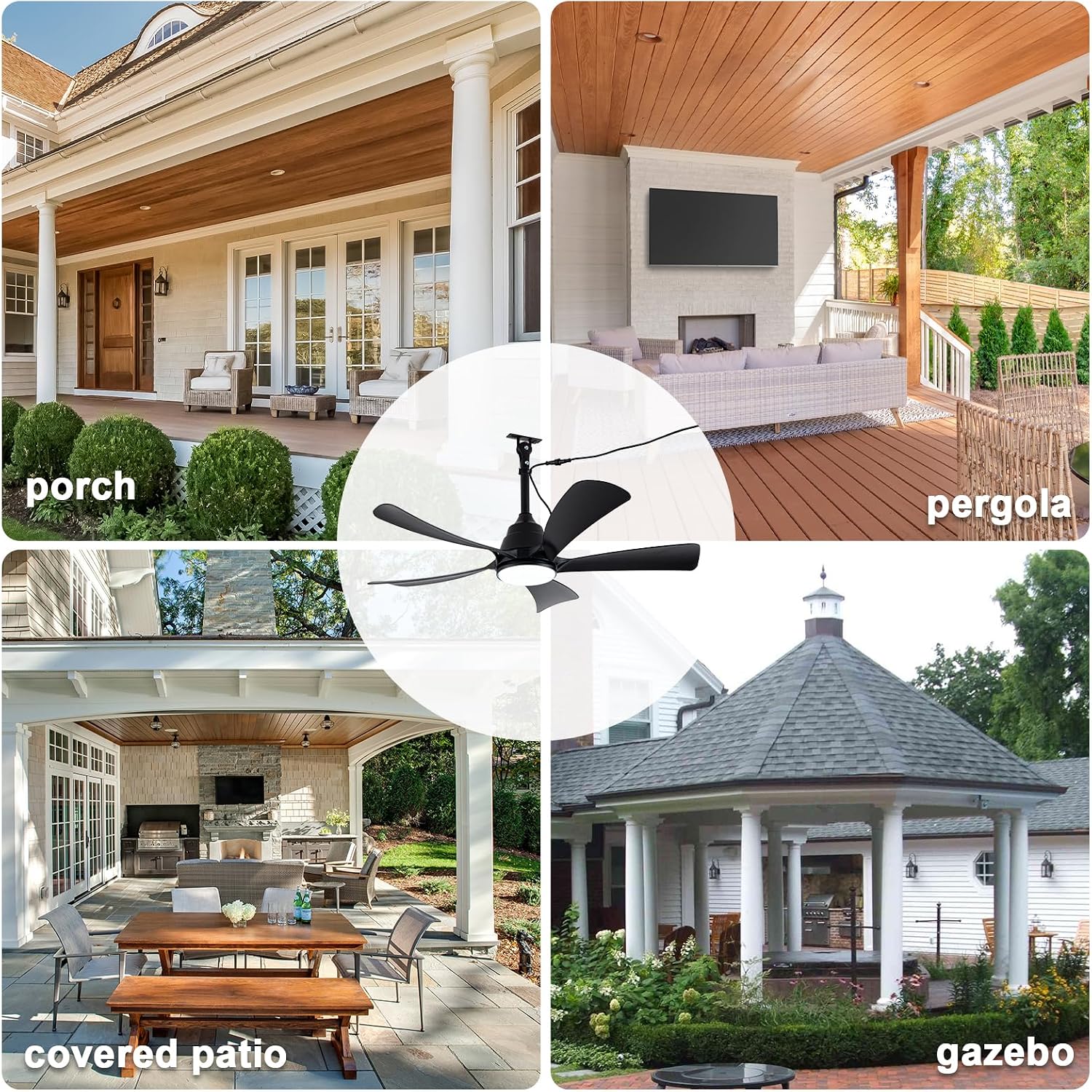 42'' Waterproof Outdoor Ceiling Fan with Lights IP65 Outdoor Gazebo Fan Wet Rated Hanging Plug in Ceiling Fan for Patio Pergola Porch Outside, APP Remote Control, Dimmable LED Lights