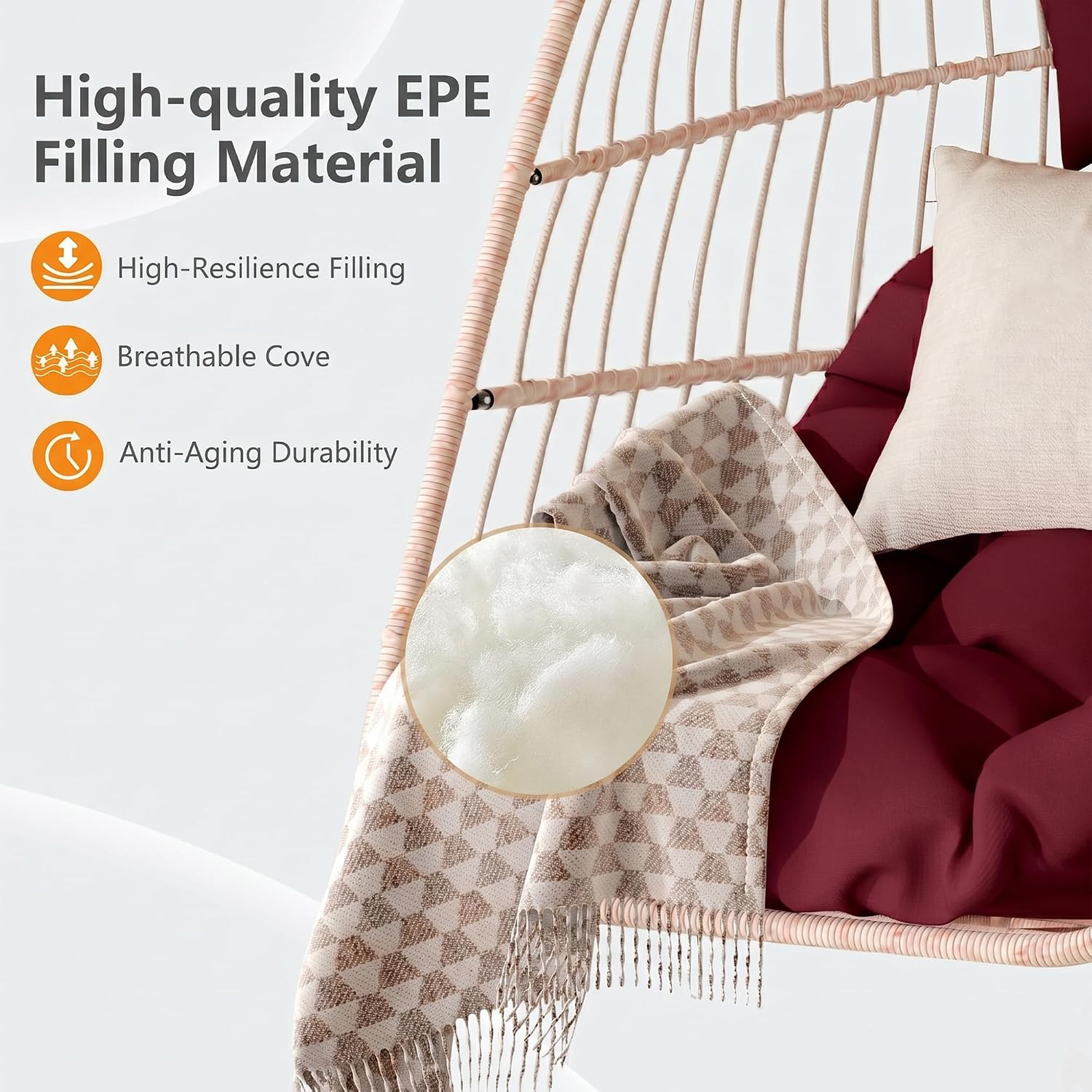 Hanging Egg Chair with Pillow, HDPE Rattan Foldable Swing Chair with Aluminum Frame & UV Resistant Cushion, Hammock Egg Basket Without Stand for Indoor Outdoor, 350Lbs Capacity, Strawberry Red