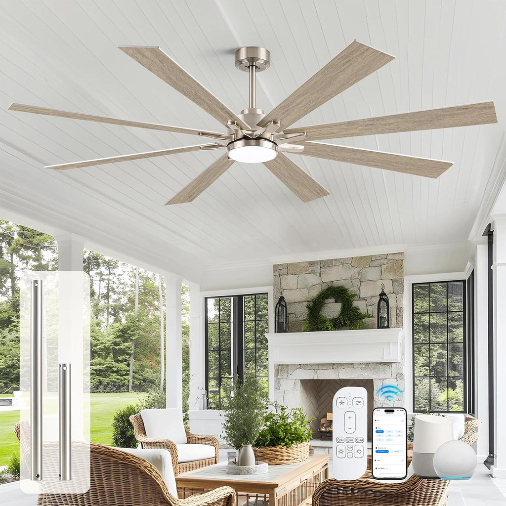 72Inch Indoor Outdoor Ceiling Fan with Light - Large Smart Ceiling Fan with Light Alexa Control, High CFM Modern Industrial Low Profile Ceiling Fans with Light for Patios Porch Bedroom Garage Gazebo