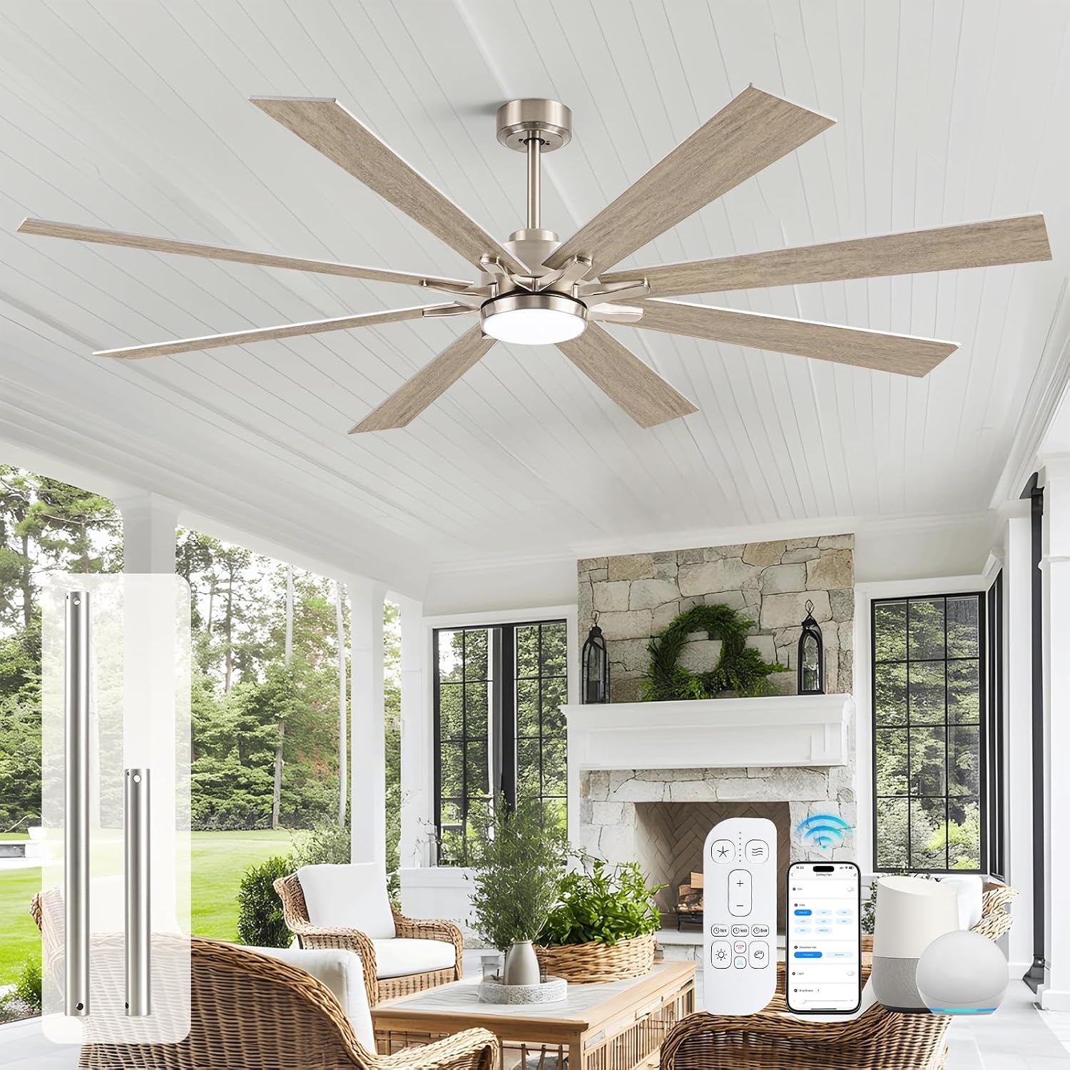 72Inch Indoor Outdoor Ceiling Fan with Light - Large Smart Ceiling Fan with Light Alexa Control, High CFM Modern Industrial Low Profile Ceiling Fans with Light for Patios Porch Bedroom Garage Gazebo