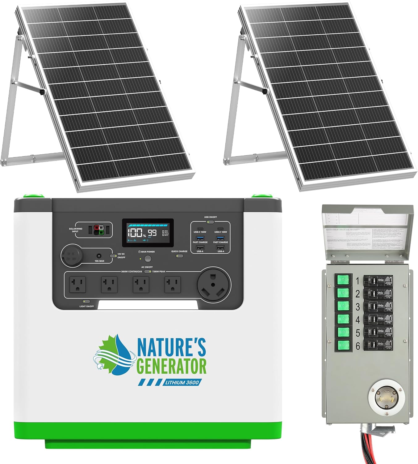 Nature's Generator Lithium 3600 Gold PE,1 x Lithium 3600W Generator+ 2x 100w Panels + 6 Circuit Transfer Switch + 50' Cable