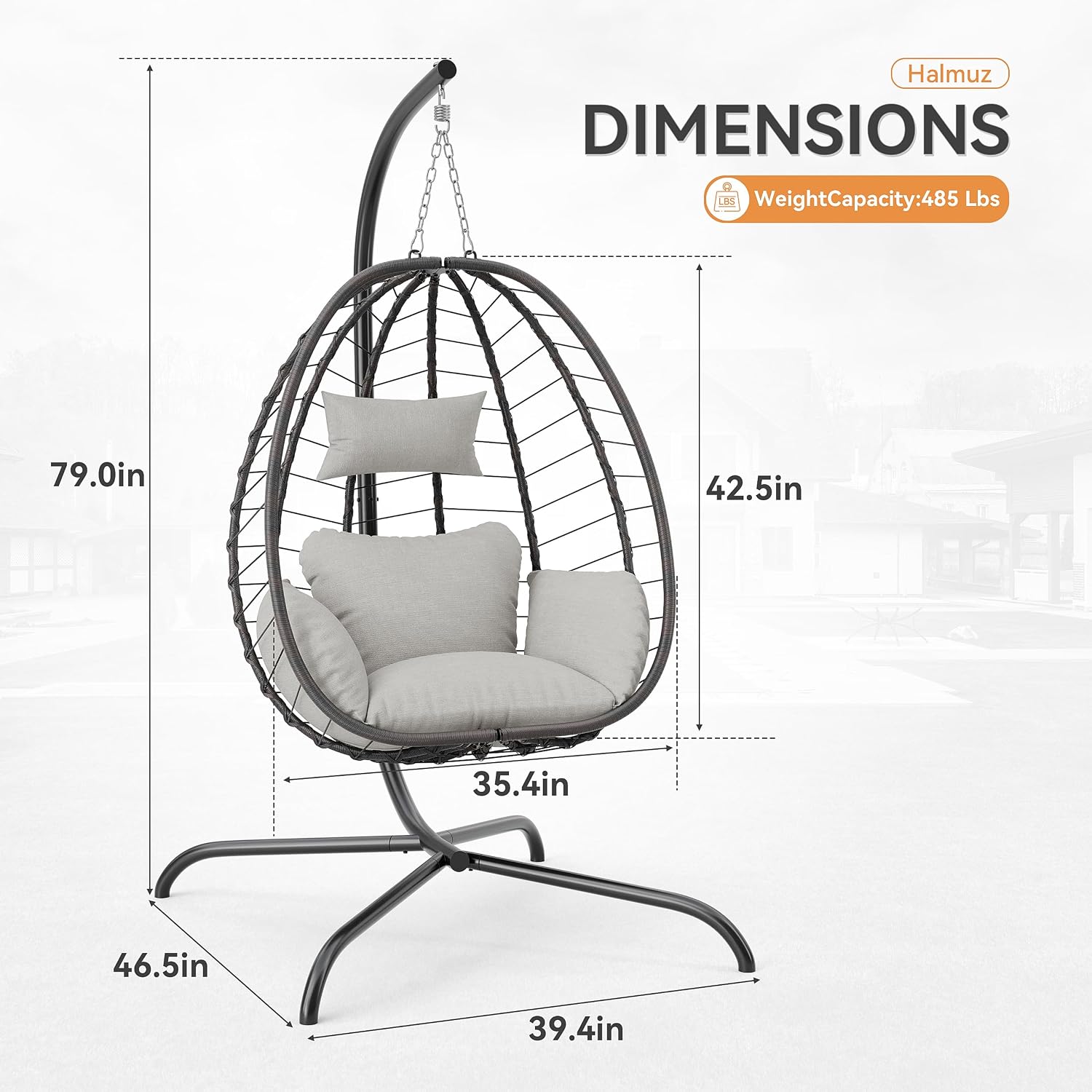 Outdoor Hanging Egg Chair with Stand,Patio Wicker Swing Egg Chair Hammock Chair with UV Resistant Cushion,All-Weather 485lbs Capacity for Bedroom,Balcony,Garden,Beige
