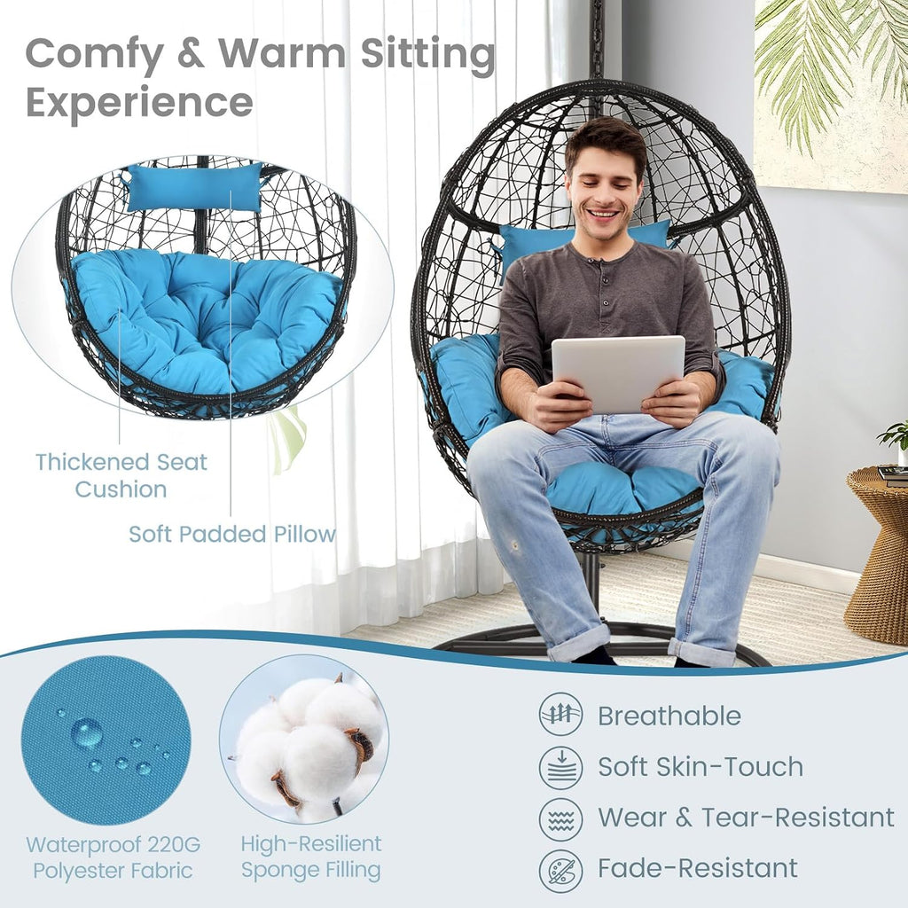 Tangkula Egg Chair with Stand, Hanging Egg Swing Chair with Removable Seat Cushion & Headrest, All-Weather Indoor Outdoor Hanging PE Wicker Egg Chairs for Outside, Balcony, Bedroom (Turquoise)