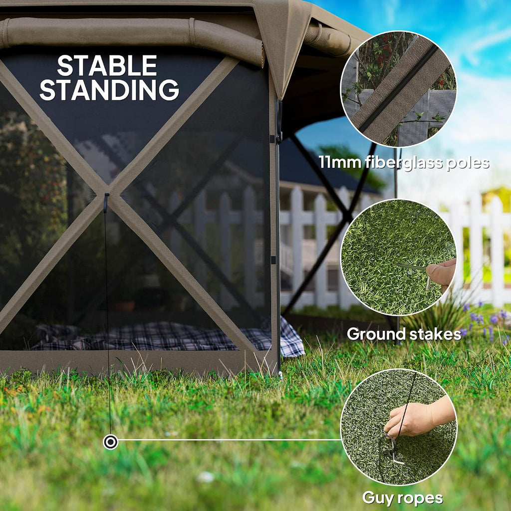 Outsunny Pop Up Gazebo Screen Tent House, 11 x 11ft with UPF30+ Removable Roof Cover, 4 Roll-up Wind Panels and Carry Bag for Camping, Patio, Backyard, Lawn, Brown
