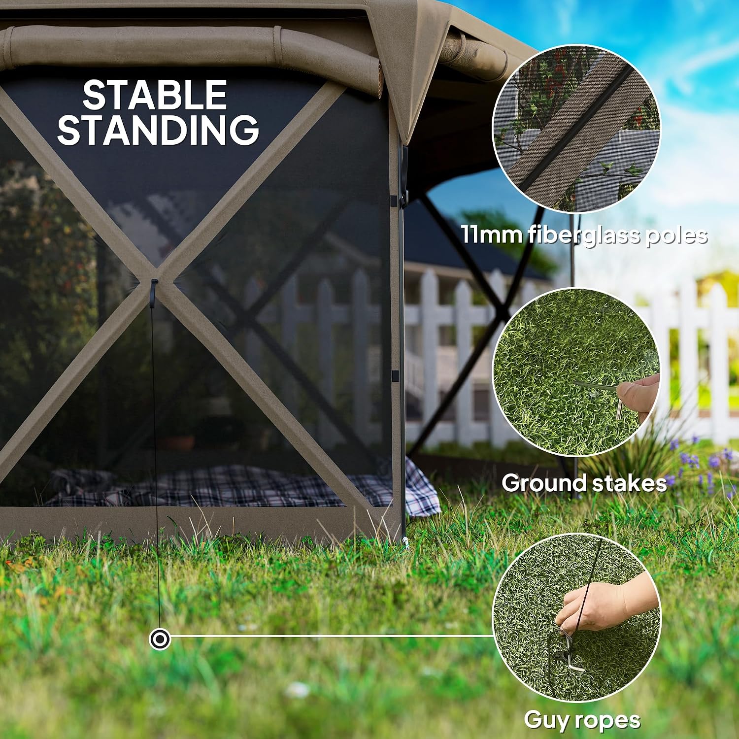 Outsunny Pop Up Gazebo Screen Tent House, 11 x 11ft with UPF30+ Removable Roof Cover, 4 Roll-up Wind Panels and Carry Bag for Camping, Patio, Backyard, Lawn, Brown
