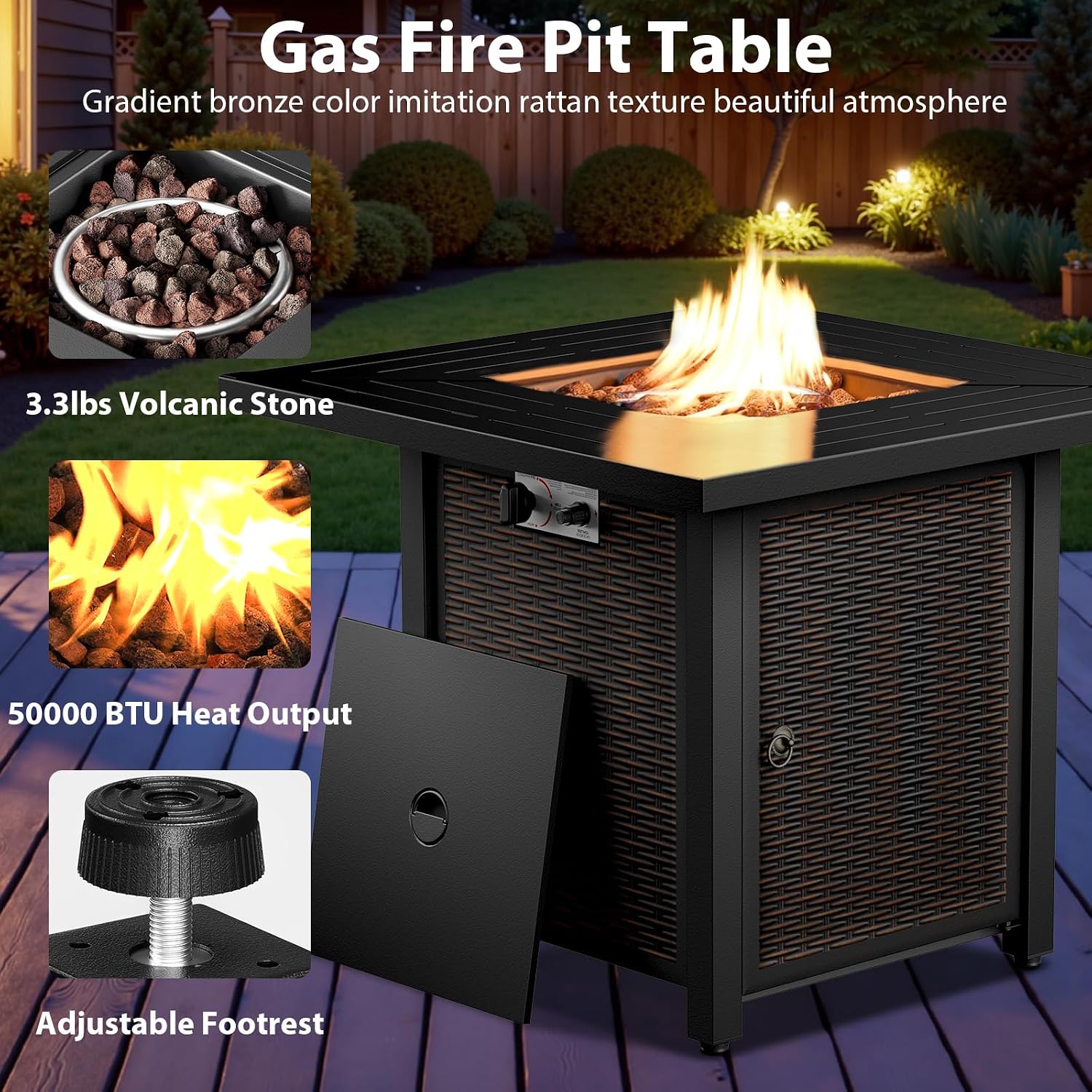 5 Piece Patio Furniture Set with Fire Pit Table - Wicker Patio Conversation Set with Swivel Glider, Glider Loveseat, Tempered Glass Side Table for Deck Backyard - Black Wicker Beige Cushion