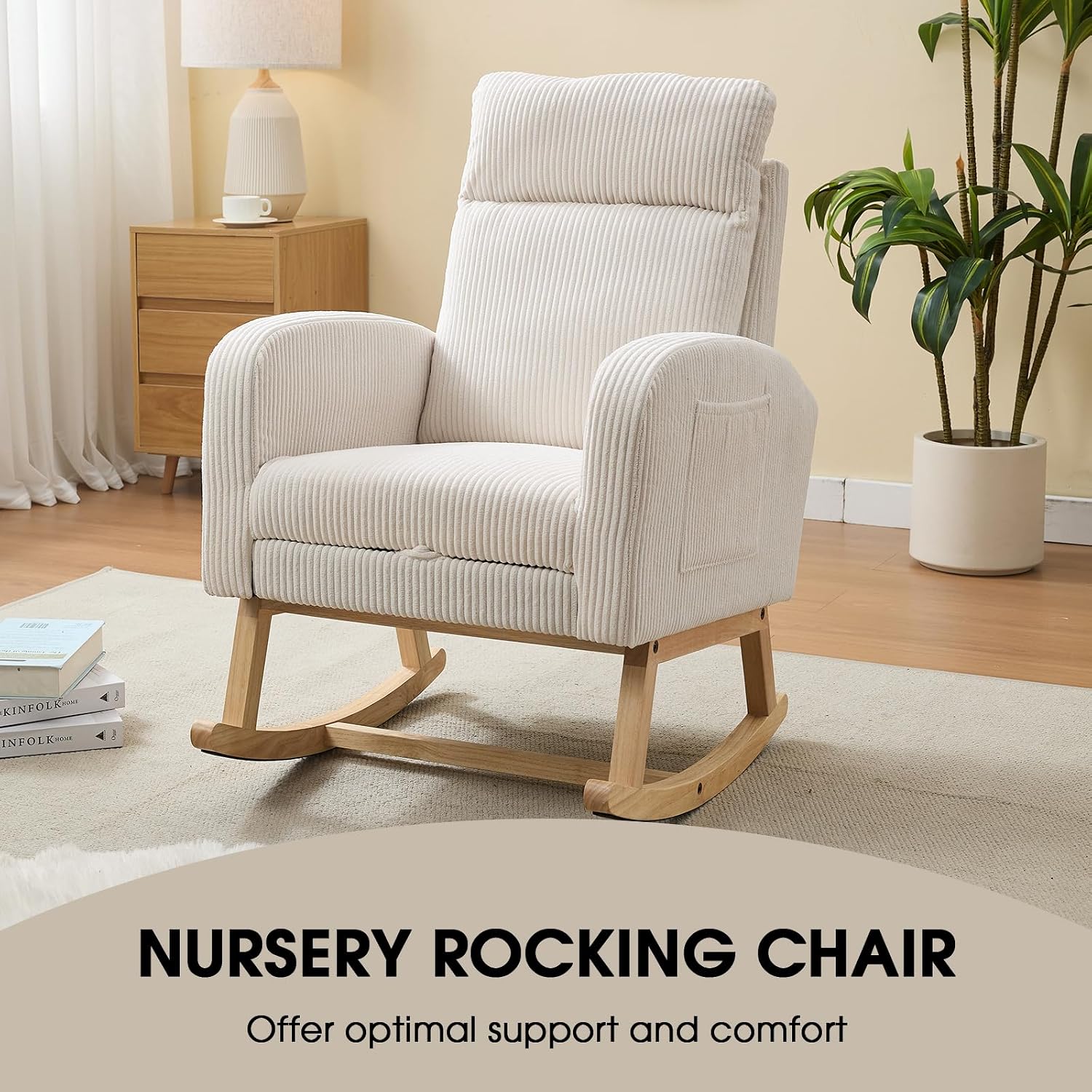 NIOIIKIT Nursery Rocking Chair, Corduroy Upholstered Rocking Chair with Adjustable Footrest, Tufted Rocker Chair with Side Pocket, Glider Rocker for Living Room (White Modern)