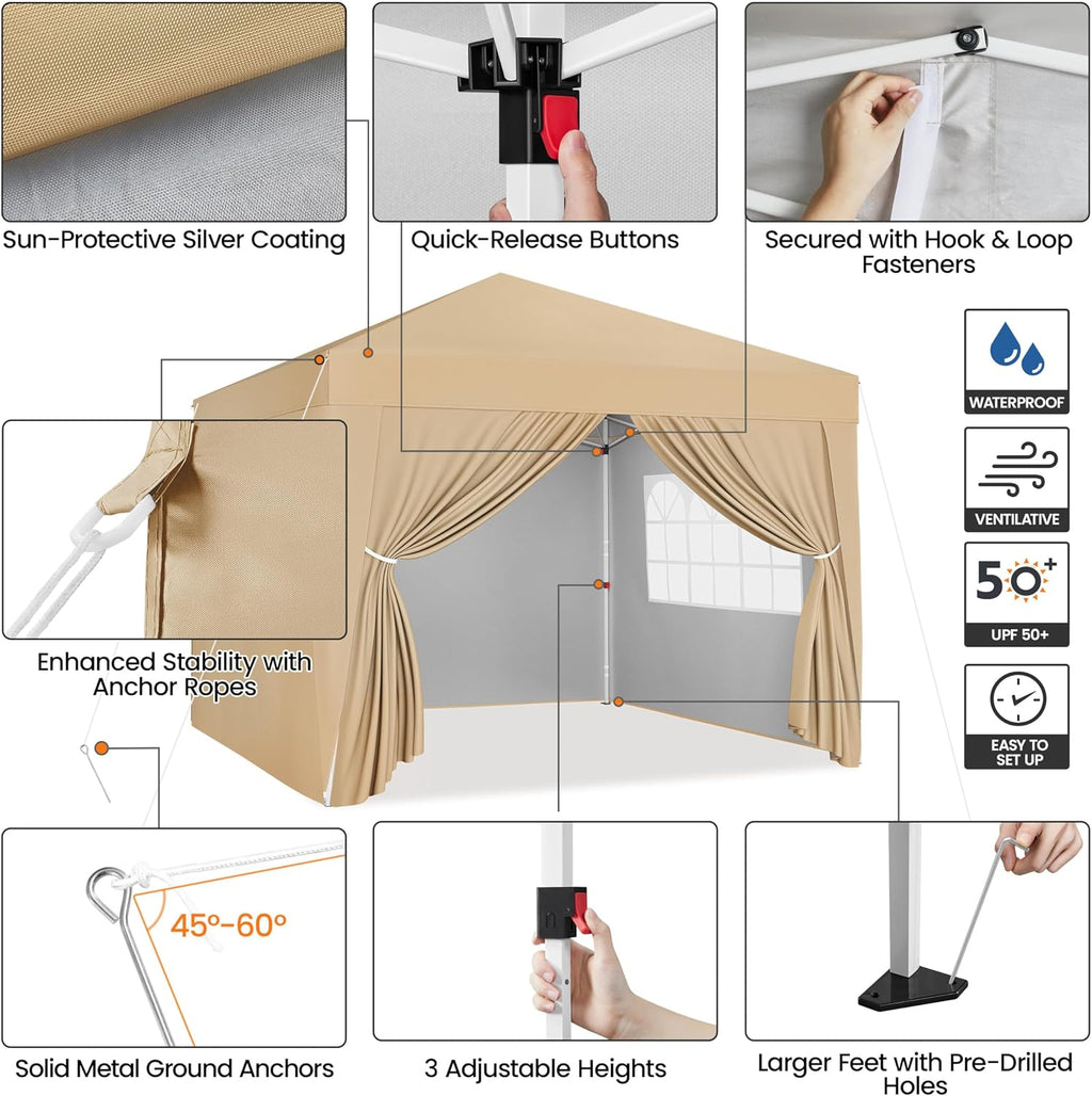 Yaheetech 10x10 Pop Up Canopy with 4 Removable Sidewalls, Portable Enclosed Instant Tent, Waterproof Outdoor Tent, Beach Sun Shelter with 4 Sandbags, 12 Stakes & 4 Ropes, Khaki