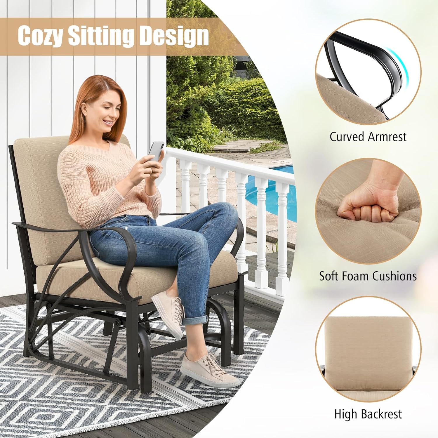Giantex Patio Glider, Outdoor Rocking Chair with Thick Cushion, Sprayed Metal Frame, Curved Armrest, Glider Swing Chair for Garden, Yard, Lawn, Porch Rocker