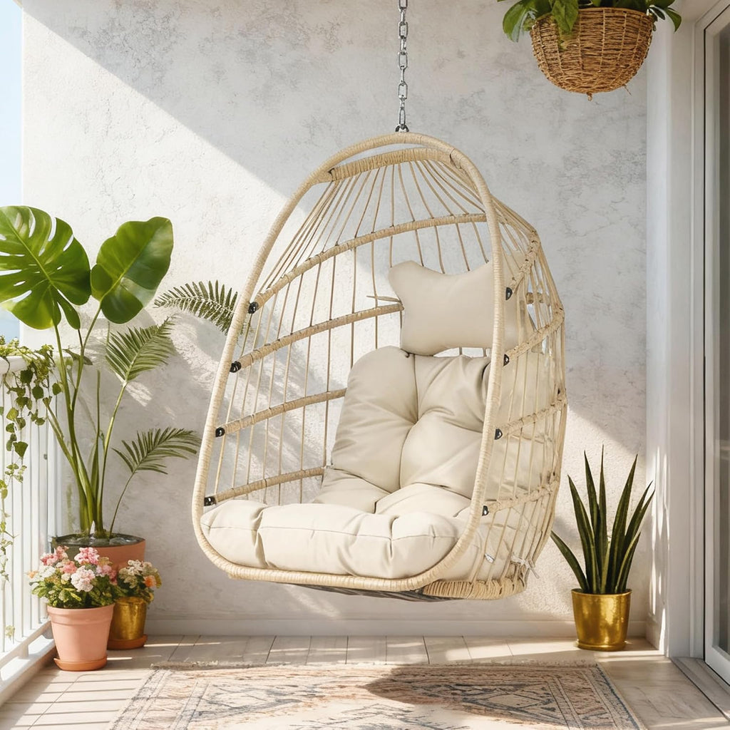 BULEXYARD Wicker Egg Chair Without Stand, 350 Lbs Foldable Rattan Swing with Cozy Padded Cushion, All-Season Hanging Hammock Basket for Outdoor Patio Balcony Bedroom Garden Tree Ceiling, Beige