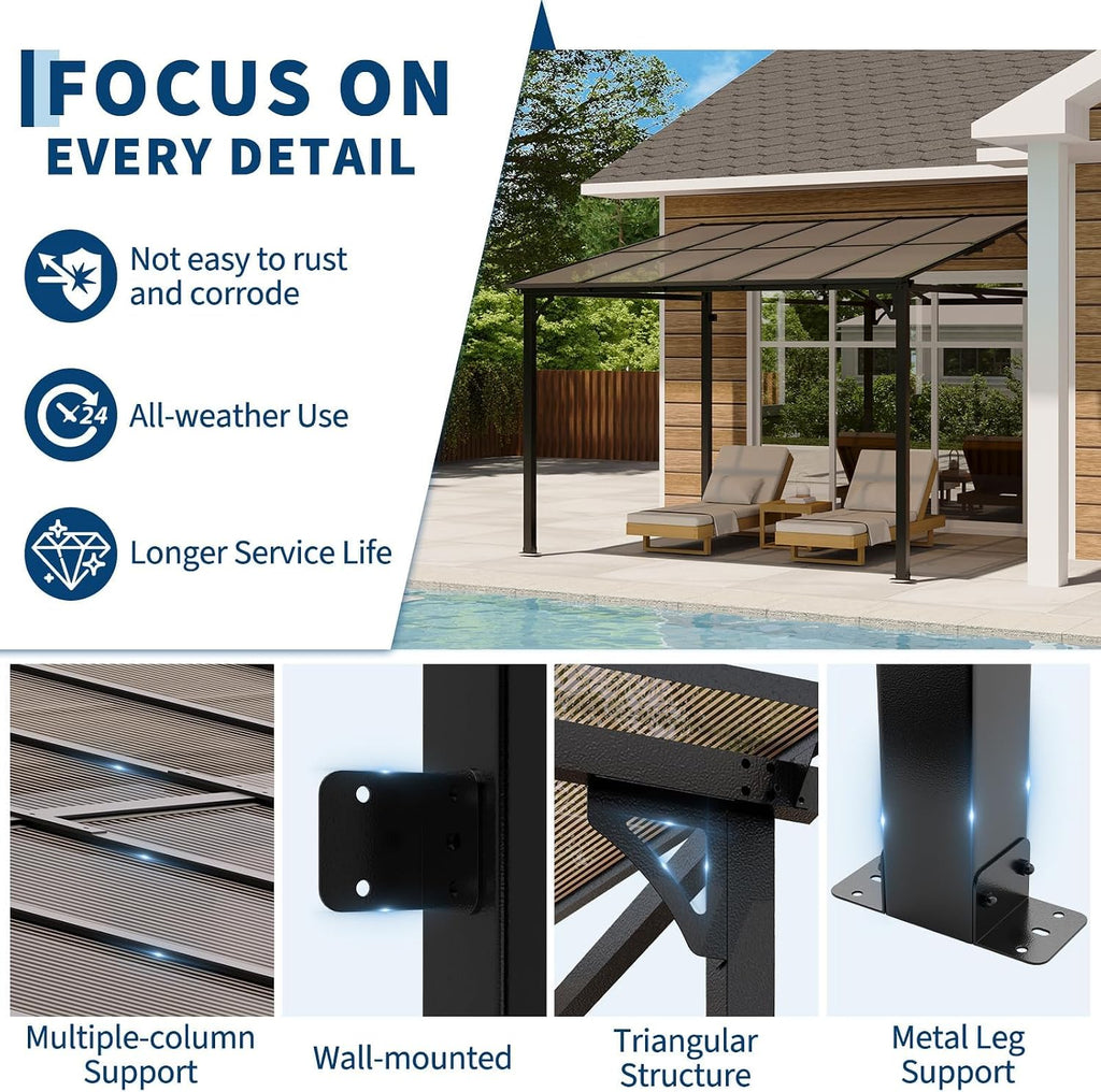 10'x 10'Wall Mounted Gazebo, Hardtop Lean-to Pergola with Polycarbonate Roof, Heavy Duty Outdoor Patio Awnings for Deck, Porch, Backyard, Garden, Weather Resistant, Brown