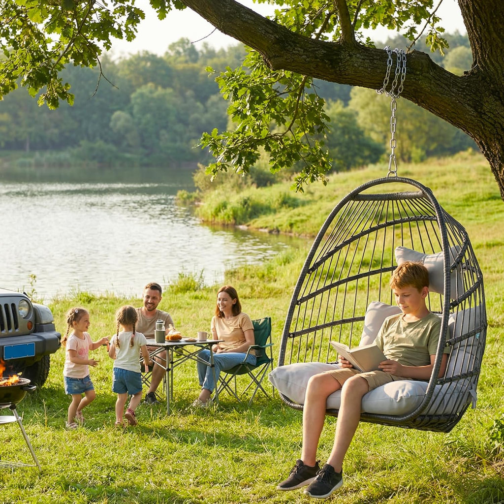BULEXYARD Outdoor Swing Egg Chair No Stand, Folding Wicker Rattan Ceiling Hanging Patio Chairs, 350 Lbs Sturdy Hammock Basket Seat with Cozy Cushion for Backyard Pergola Living Room, Light Grey