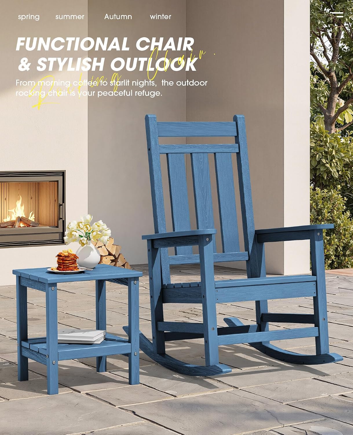 KINGYES Oversized Outdoor Rocking Chair Set of 2, All-Weather Patio Rocking Chairs for Porch, HDPE Outdoor Patio Rockers with High Back & Wide Seat for Garden, Lawn, Blue