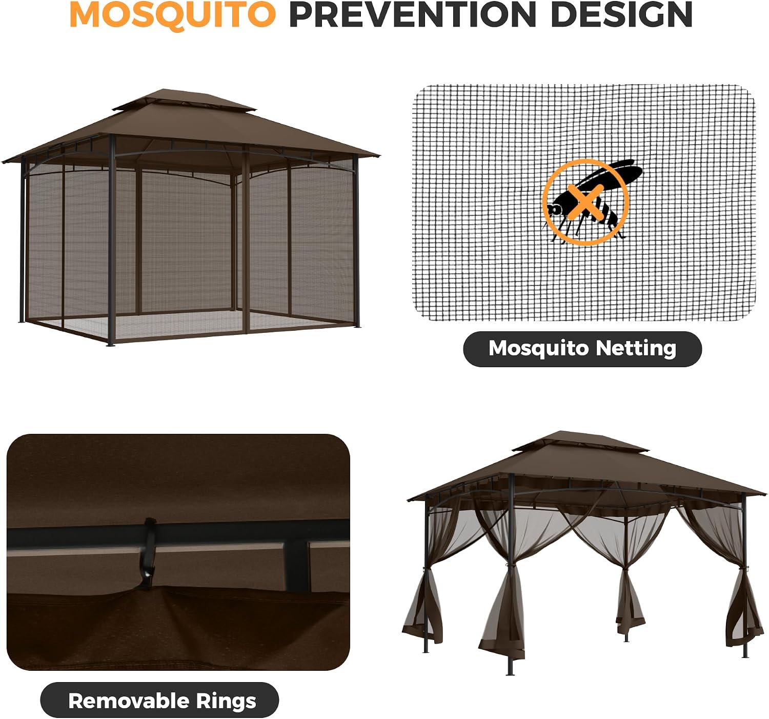 HAPPATIO Patio Gazebo 10' X 12', Ventilated Double Roof & Mosquito Netting, Outdoor Gazebo with Metal Frame, Soft Top Canopy for Backyard, Deck, Poolside, Brown