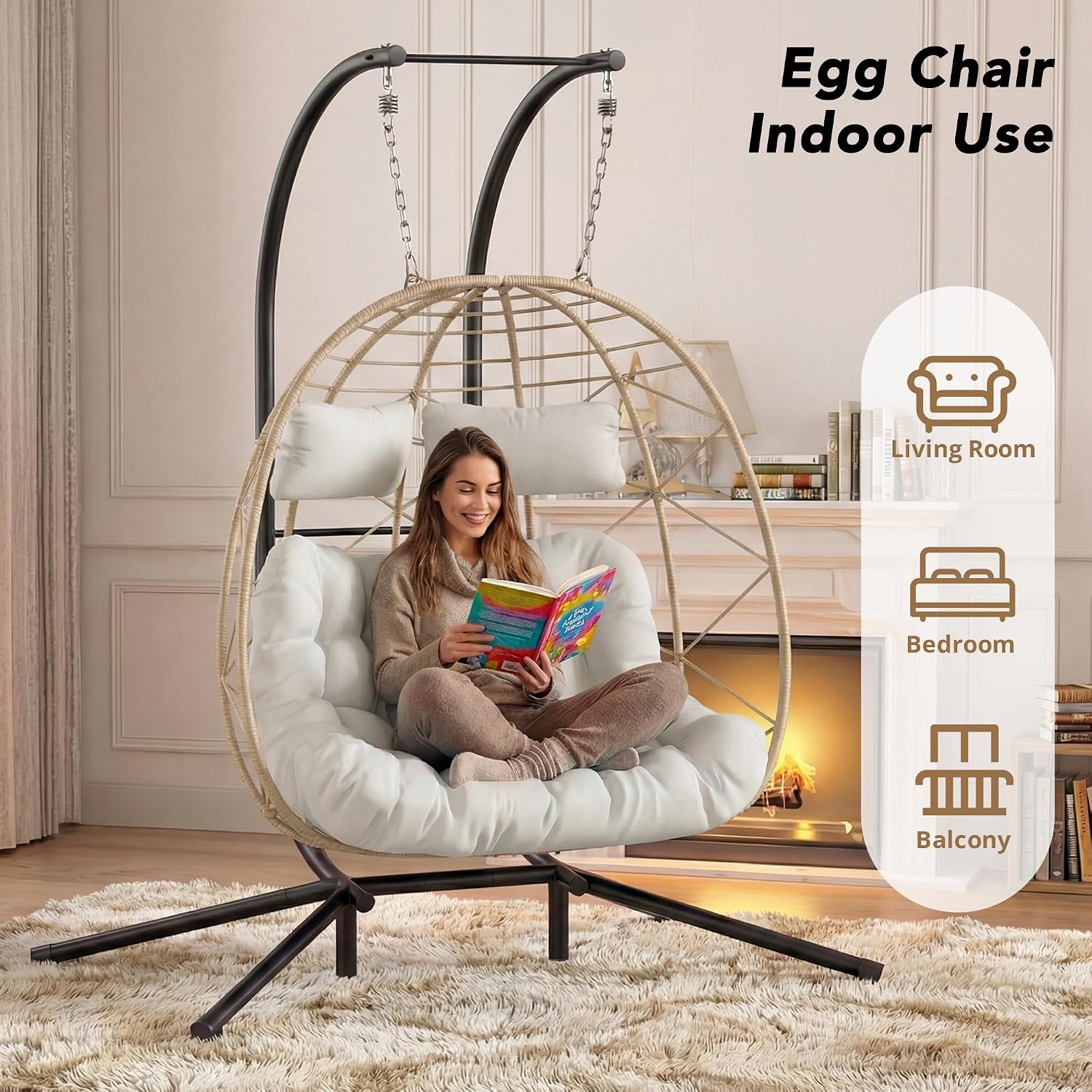 Easyego 2-Person Wicker Hanging Egg Chair with Stand- 700 lb Capacity, Indoor/Outdoor Double Egg Swing Hammock Chair for Patio, Garden, Porch, Living Room, Bedroom-Beige