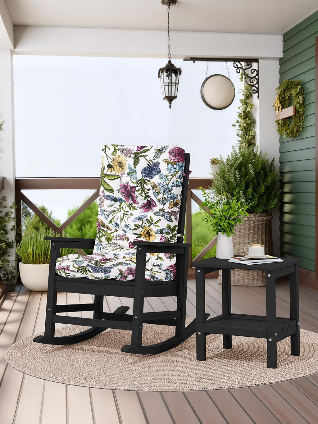KINGYES Oversized Outdoor Rocking Chair with Cushion, All-Weather Patio Rocking Chairs, HDPE Porch Rocker for Adults, 350 lbs Capacity, Black Chair with Flower Cushion