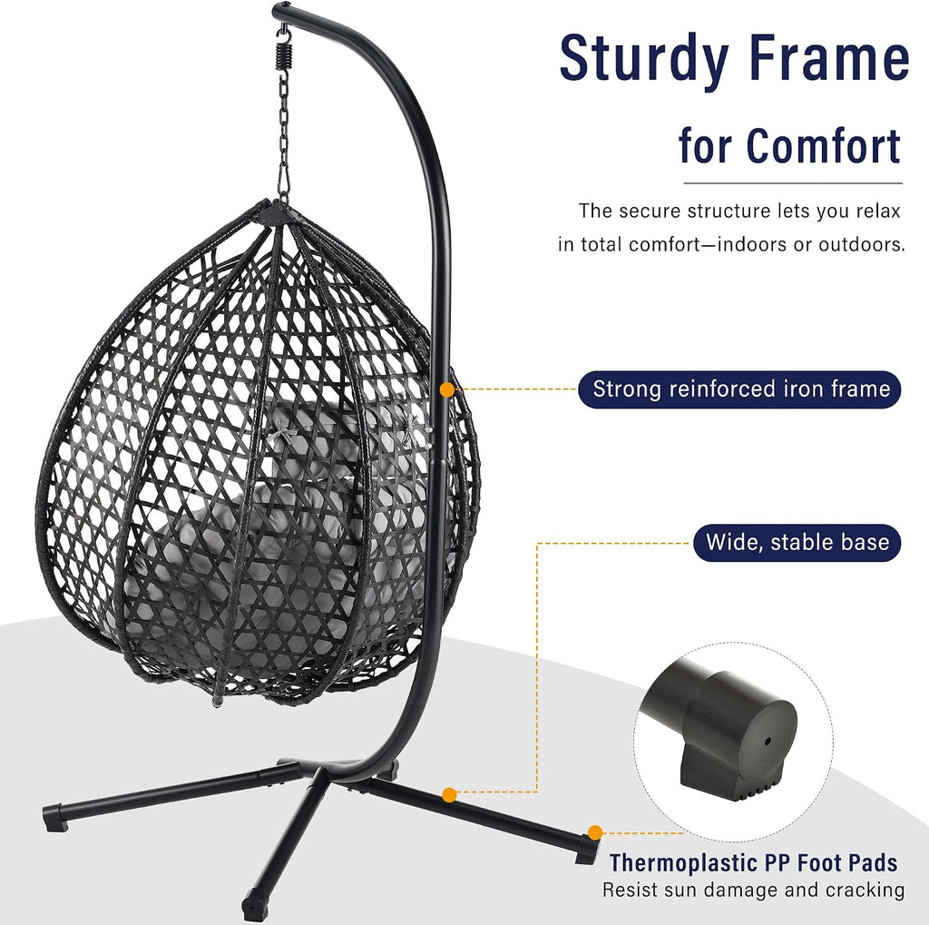 Polibi Hanging Egg Chair with Stand - PE Rattan Indoor Outdoor Swing Chair Heavy Duty 330lbs - Breathable Hollowed Design & Adjustable Headrest - Patio Balcony Garden Lounger,Black+Gray