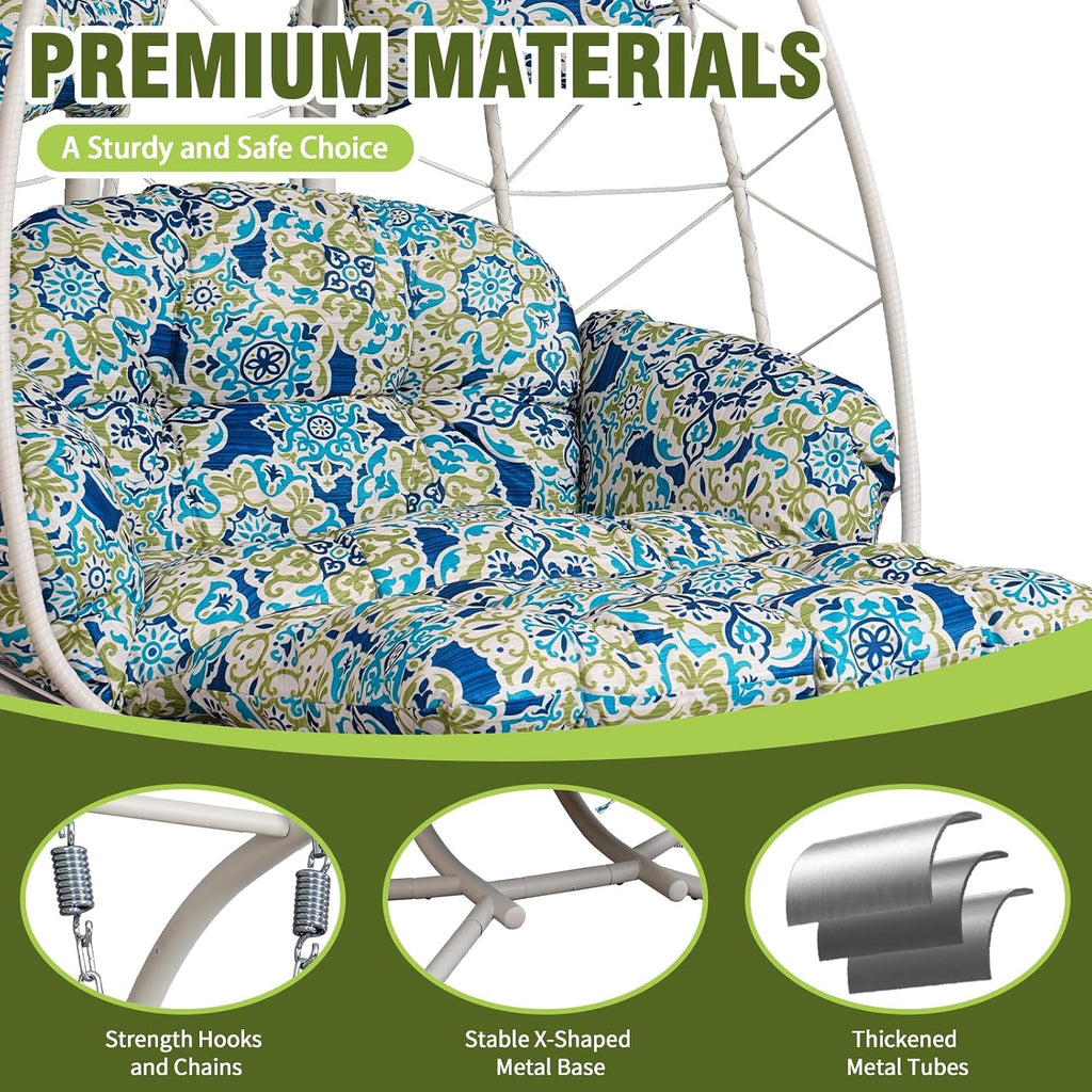 Double Outdoor Egg Chair with Stand, 2 Person Hanging Egg Chair with Adjustable Footrest Outdoor, Oversized Wicker Hammock Swing Chair with Thickened Cushions, 660Lbs (White Frame Patterned Cushion)
