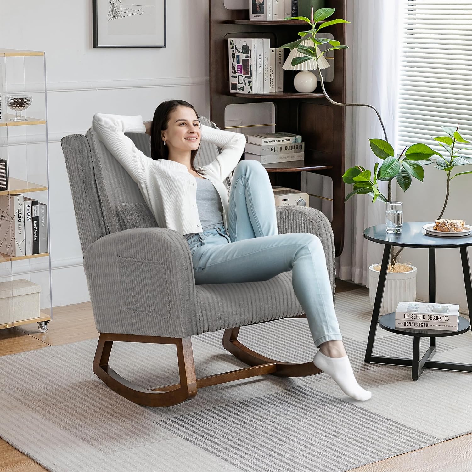 COCO DESIGN Corduroy Upholstered Rocking Chair for Nursery, Padded Seat & Back, Sturdy Wood Rockers for Living Room, Nursery, Bedroom Relaxation (Dark Grey)