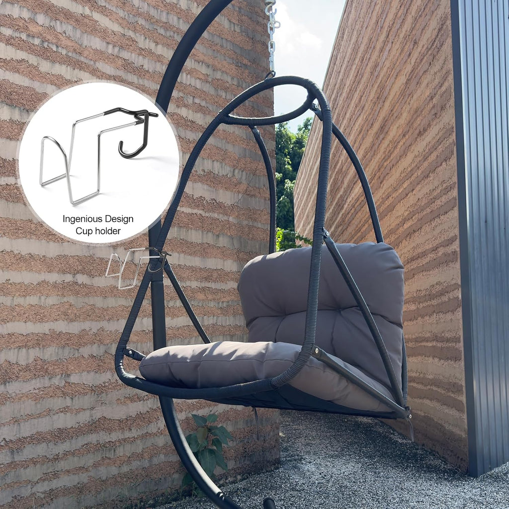 JESE Swing Egg Chair Foldable Frame Hanging Chairs, UV Resistant Waterproof Cushion and Cup Holder,Swing Hammock Chairs for Patio,Bedroom,Balcony, Garden-350lbs, Stand Included, Brown