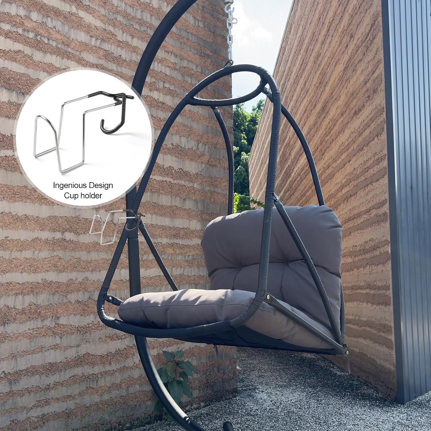 JESE Swing Egg Chair Foldable Frame Hanging Chairs, UV Resistant Waterproof Cushion and Cup Holder,Swing Hammock Chairs for Patio,Bedroom,Balcony, Garden-350lbs, Stand Included, Brown