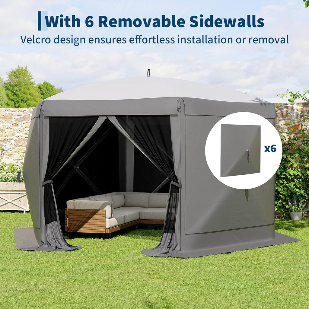 GarveeLife 11.5x11.5FT 6-Sided Pop Up Gazebo Tent，One-Push Setup Canopy Tent with Mesh Panels & Removable Wind Cloths, Outdoor shelter for Camping, Backyard Parties, Outdoor Events - Grey