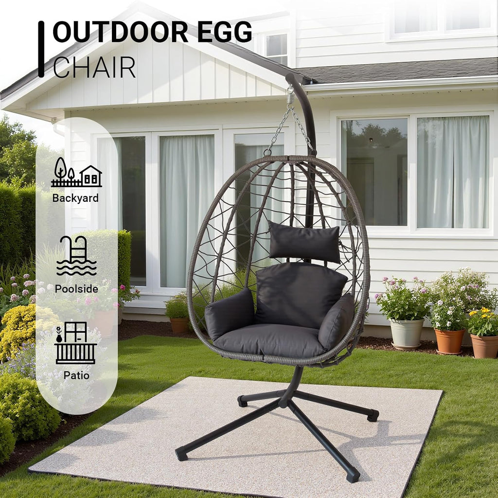 JOINFUN Egg Chair with Stand, Patio Wicker Hanging Swing Egg Chair Thickened, Galvanized Pipe Steel Frame and UV Resistant Cushion for Bedroom Garden Indoor Outdoor, 350LBS Capacity (Drak Grey)