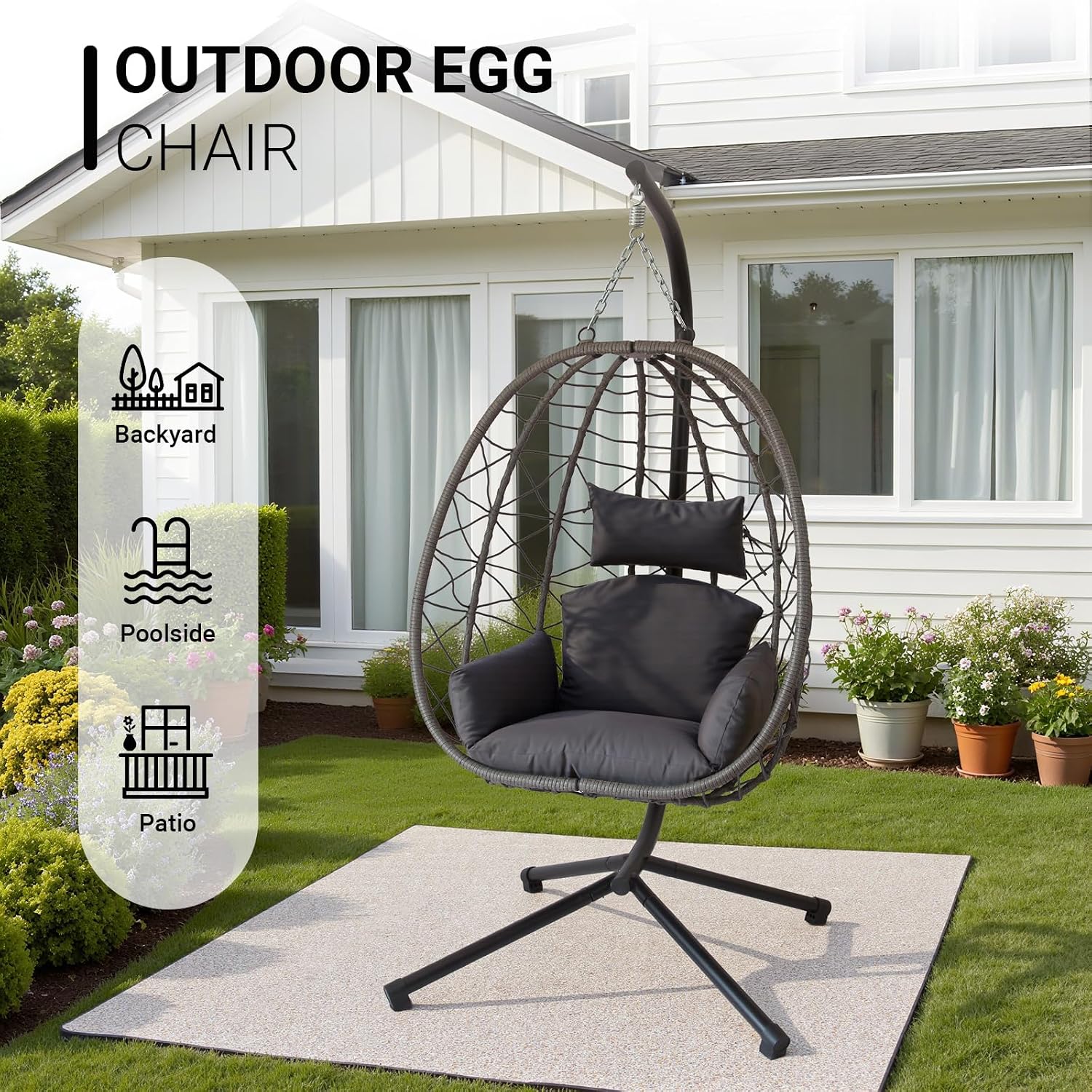 JOINFUN Egg Chair with Stand, Patio Wicker Hanging Swing Egg Chair Thickened, Galvanized Pipe Steel Frame and UV Resistant Cushion for Bedroom Garden Indoor Outdoor, 350LBS Capacity (Drak Grey)