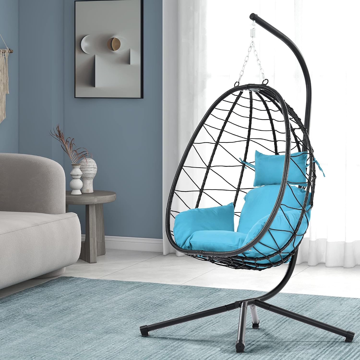 ZSQ Hanging Egg Chair with Stand, Indoor Outdoor Wicker Patio Swing Chair, All-Weather with Cushion (Light Blue)