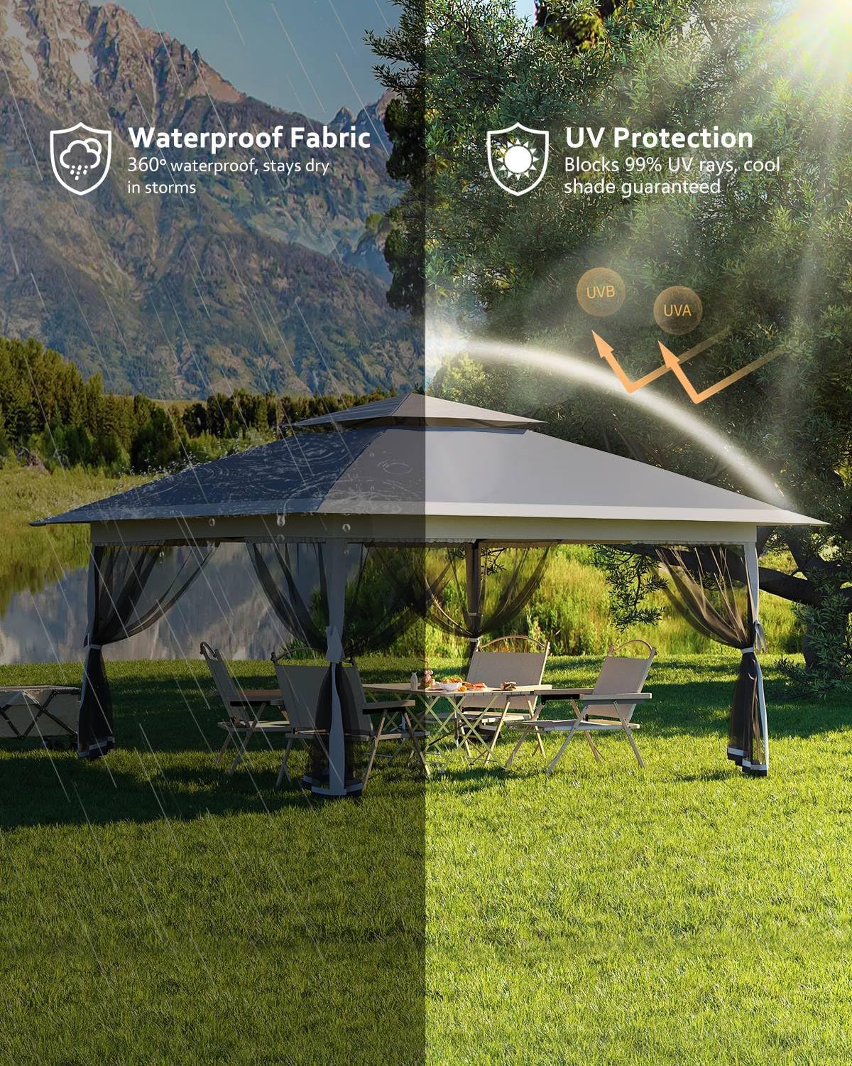 Garveelife Canopy Tent 13x13, Pop Up Gazebo Tent Easy Setup with 4 Sand Bags for Backyard Garden Patio, Mosquito Netting & Height Adjustable - Gray