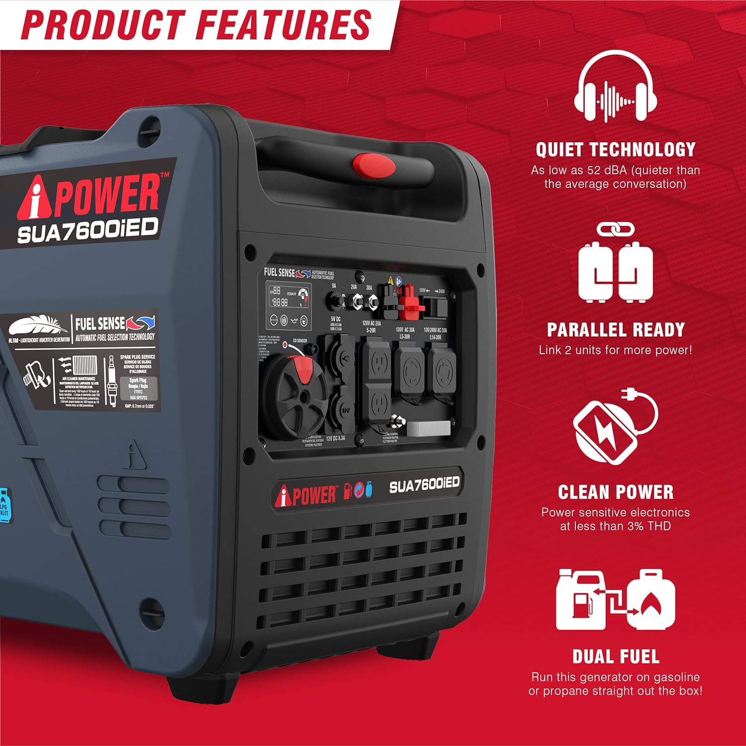A-iPower 7600W Dual Fuel Quiet Portable Inverter Generator, Electric Start RV Ready, EPA & CARB Compliant CO Sensor, With Telescopic Handle For Backup Home Use, Tailgating & Camping (SUA7600iED)