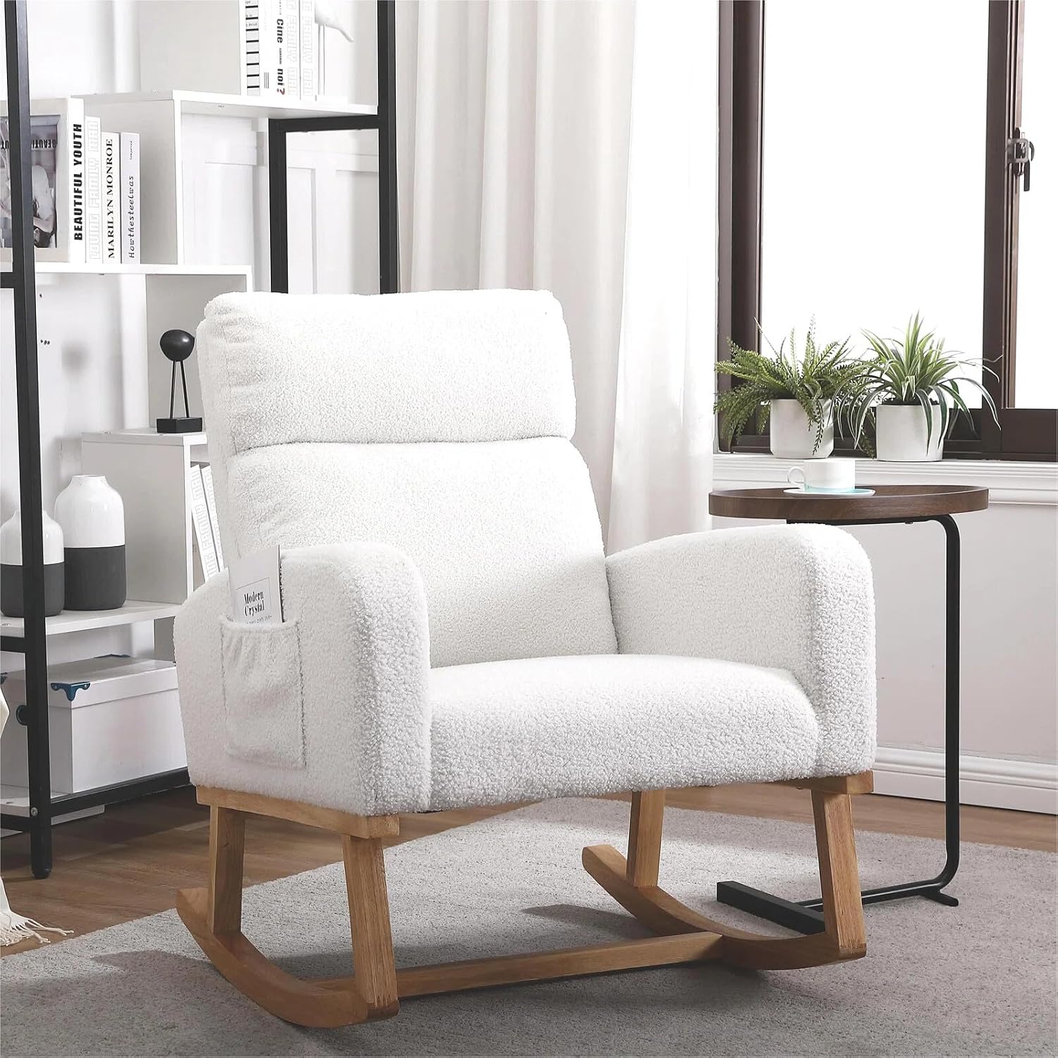 Rocking Chair Nursery,Teddy Rocker Nursing Chairs with Wood Legs & Side Pocket, Comfortable Glider Roking Chair for Nursery, Living Room, Bedroom, Sherpa White